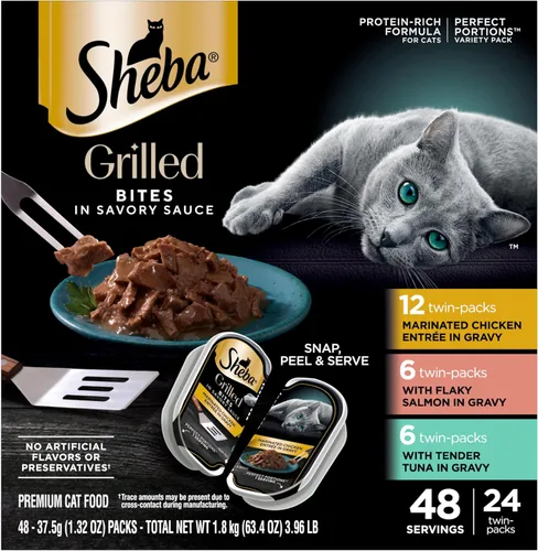 Sheba Perfect Portions - Alimento húmedo para gatos adultos a la parrilla en salsa salada, pollo marinado, salmón escamoso, atún tierno, bandejas de