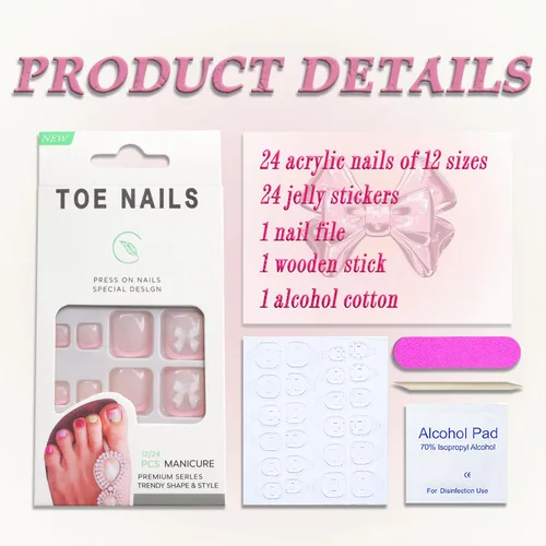 Miniatura 3 de Lindas uñas postizas a presión con punta francesa rosa, uñas postizas cuadradas de cobertura completa con diseños de dijes de lazo, uñas acrílicas