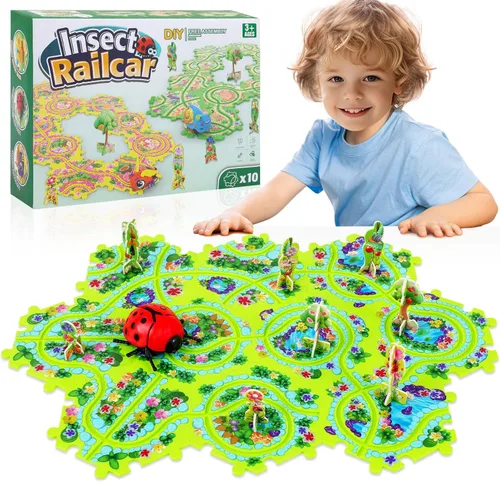 Miniatura 10 de VESPRO Juego de pista de autos para niños de 100 piezas - 4 series de rompecabezas de carreras para niños pequeños, juguetes educativos para niños