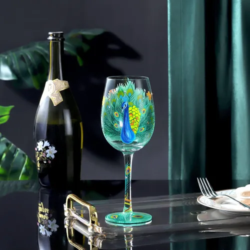 Miniatura 2 de NymphFable Copas de vino pintadas a mano con diseño de pavo real, 15 onzas, coloridas copas de vino personalizadas, regalo de cumpleaños para mujeres