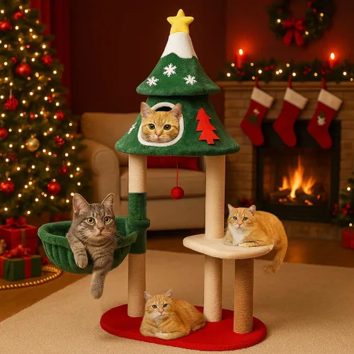 LUCKLIFE Árbol de Navidad para gatos de 48 pulgadas con 2 casas acogedoras, torre moderna para gatos con kit antipuntas, perchas de felpa y bolas