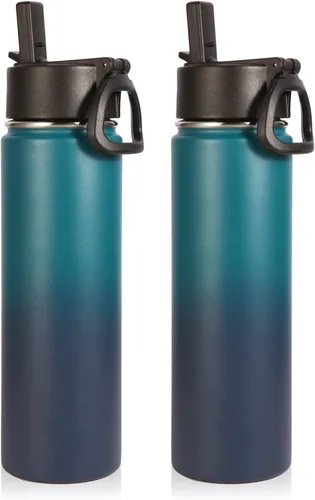 Miniatura 12 de Volhoply Botellas de agua aisladas con popote a granel, paquete de 4, botella deportiva de acero inoxidable de 22 onzas con tapa, vasos de agua