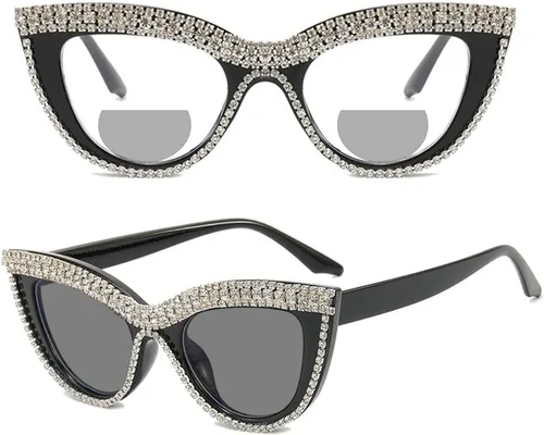 Gafas de lectura bifocales fotocrómicas de transición de moda para mujeres presbicia brillante Rhinestone gafas de sol lectores