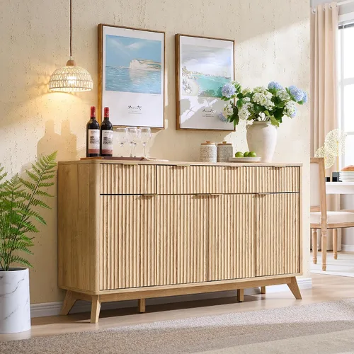 Miniatura 3 de T4TREAM - Gabinete grande de aparador con almacenamiento, mesa de buffet moderna estriada de 60" para barra de café, vino, gabinete de Roble natural