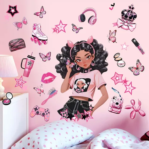 Adhesivos de pared para dormitorio para niñas negras: calcomanías de moda de mariposas afroamericanas de pelar y pegar - decoración de arte de