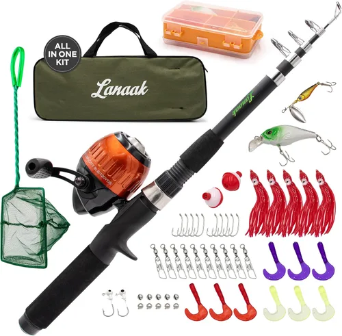 Lanaak Caña de Pescar para Niños, Juego de Caña de Pescar Telescópica Portátil para Niños, Kit Combo de Caja de Aparejos y Red de Pesca, Equipo de