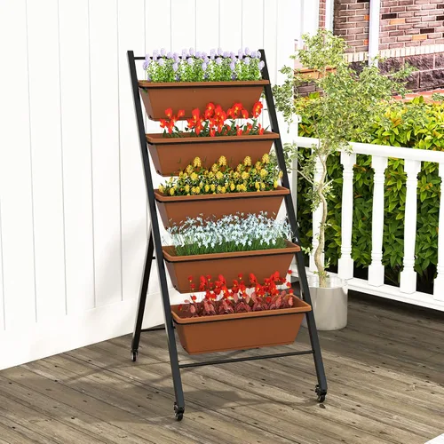 Miniatura 2 de Giantex Cama de jardín elevada vertical sobre ruedas, macetas elevadas de 5 niveles, camas de jardín con orificio de drenaje, 5 contenedores