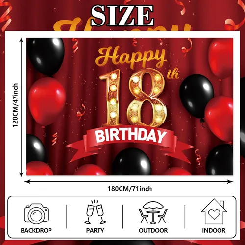 Miniatura 2 de Cartel rojo de feliz cumpleaños 18 años, telón de fondo dorado con globos rojos y negros, decoración temática para niñas y mujeres, princesa de 18