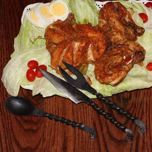 Utensilios de fiesta con bolsa - Juego de utensilios de cocina vikingos y medievales - Juego de utensilios de hierro forjados a mano con cuchillo