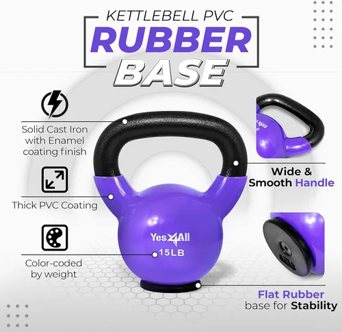 Miniatura 3 de Yes4All Juego de pesas rusas con base de goma, pesas rusas para mujer, pesas rusas de entrenamiento de fuerza (10-65 libras)
