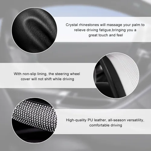 Miniatura 3 de Funda brillante para volante de automóvil, protector de volante de automóvil con diamantes de imitación brillantes de 15 pulgadas, funda
