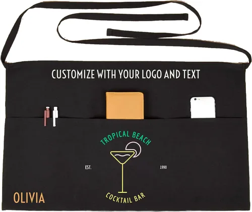 Miniatura 2 de SonaGear Delantal profesional para camarera con bolsillos, delantal de cintura negra para hombres y mujeres, medio delantal de 3 bolsillos