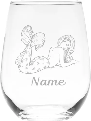 C M Sirena con nombre, 17 onzas, copa de vino personalizada sin tallo, regalo personalizado con temática de sirena para mujeres y hombres
