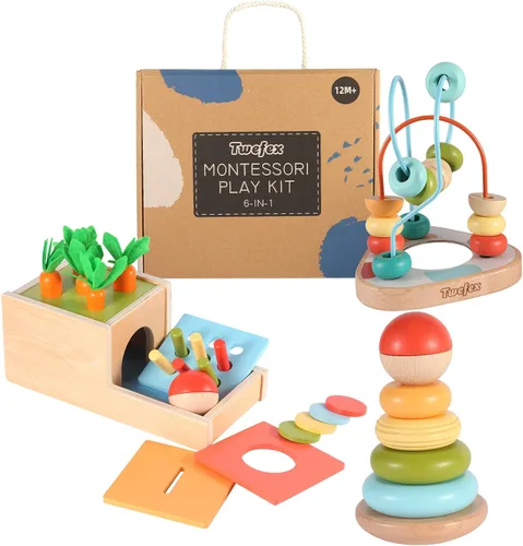 Miniatura 8 de Twefex Juguetes Montessori para bebés de 6 a 12 meses – Kit de juego 3 en 1 para bebés – Tambor giratorio mediano – Caja de pañuelos para bebé