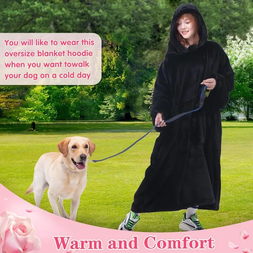 Miniatura 5 de Waitu - Sudadera tipo manta, para regalar a hombre o mujer, muy cálida y acogedora, gigantesca, con capucha, de gruesa franela, con mangas y un Negro