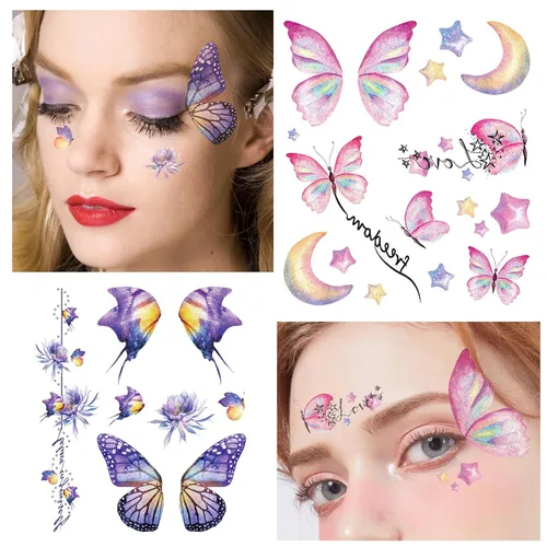 Miniatura 2 de Konsait 12 hojas de tatuajes temporales de mariposa con purpurina para mujeres y niñas, tatuajes faciales de mariposa para mujeres, calcomanías