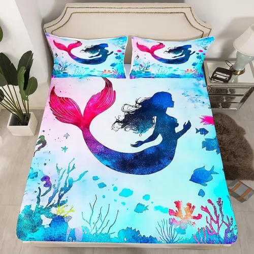 Miniatura 23 de Erosebridal Sábanas de cama de sirena azul para niñas, bonita sábana bajera ajustable de unicornio, 2 piezas, ropa de cama de arcoíris femenino