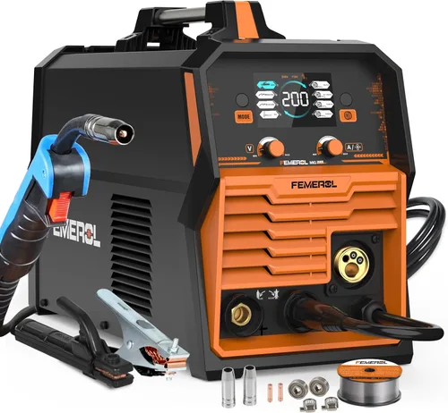 FEMEROL Soldador MIG 200A, 4 en 1 Gas MIG/Núcleo de Flujo sin Gas/Electrodo/Elevación TIG Máquina de Soldadura Multiproceso Pantalla LED Grande