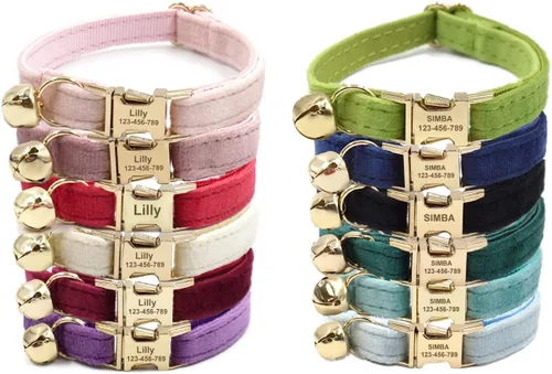 Miniatura 9 de Collar de gato personalizado con nombre y número de teléfono grabado para gatito niño y niña Estilo de pana