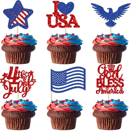 Miniatura 8 de Gyufise 24 adornos para cupcakes del Día de la Independencia con mapa de la bandera de Estados Unidos, patrióticos para cupcakes del 4 de julio, Día