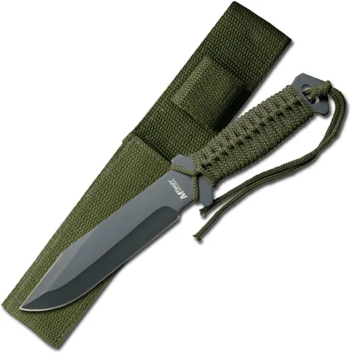 MTech USA Cuchillo de hoja fija - Hoja de acero inoxidable negro, mango envuelto en cordón verde, espiga completa, incluye funda de nailon - Caza,