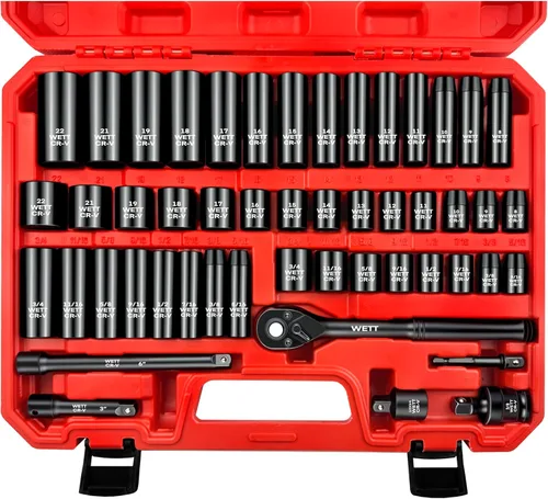 Miniatura 11 de WETT Juego de llaves de 1/4" y 3/8", juego de enchufes de 86 piezas con trinquete de liberación rápida, barra de extensión, adaptador, bits de 1/4