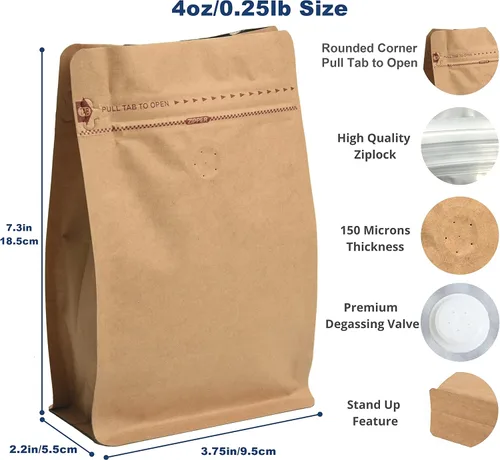Miniatura 2 de Bolsas de café de papel kraft – Kraft de alta barrera y forro de aluminio – Bolsas de café de fondo plano con válvula de desgasificación, bolsas