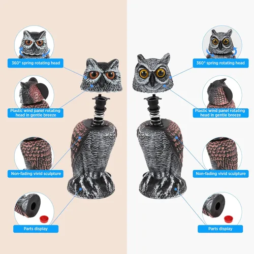 Miniatura 4 de Hedoc 2 Pack Señuelos de búho falso para ahuyentar a los pájaros, cabeza giratoria Disuasivos de aves, estatuas de plástico de espantapájaros