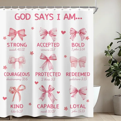 Miniatura 5 de Juego de cortinas de ducha con lazo rosa para baño, 60 pulgadas de ancho x 72 pulgadas de alto, cortina de ducha con texto en inglés «God says I Am