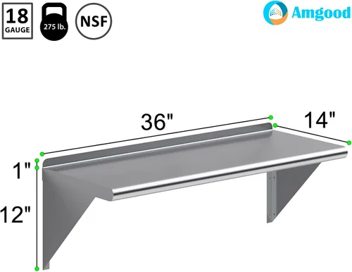Miniatura 3 de AmGood Estante de pared de acero inoxidable de 36 pulgadas de largo x 14 pulgadas de profundidad Certificado NSF Estantería de metal