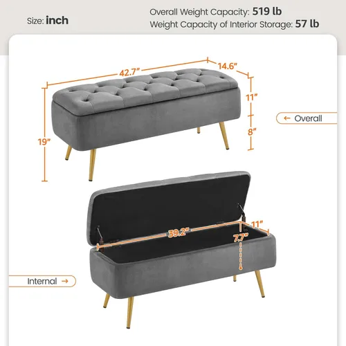 Miniatura 3 de Yaheetech Otomana con almacenamiento, banco de entrada de terciopelo con bisagra de seguridad, banco tapizado con asiento para dormitorio, sala