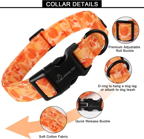 Miniatura 4 de Aring Pet Collar de algodón, ligero y ajustable, con hebilla de liberación rápida, para perros pequeños, medianos y grandes, otoño, naranja, hojas