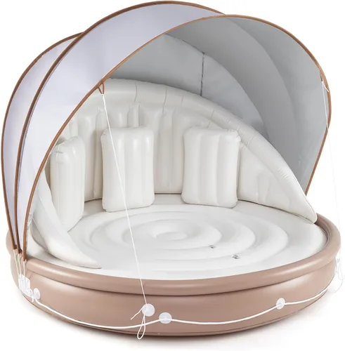 Miniatura 10 de Goplus Isla de toldo inflable, flotador de piscina de bronceado de 73 pulgadas con toldo retráctil y extraíble, SPF50+, 3 almohadas cómodas, carga
