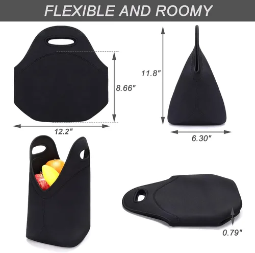 Miniatura 4 de Bolsa de almuerzo de neopreno para mujer, bolsa de almuerzo aislada, lavable, contenedor de almuerzo para el trabajo, picnic, bolsas ligeras de Negro
