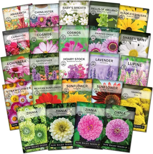 Sow Right Seeds - Gran colección de semillas de flores para plantar - Zinnias, girasoles, margaritas, cosmos, claveles, stock y más - Atraen a los