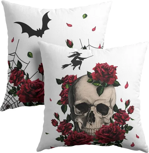 Miniatura 11 de Happy Halloween - Juego de 2 fundas de almohada decorativas de lino y algodón negro con diseño de murciélago blanco de 16 x 16 pulgadas, fundas