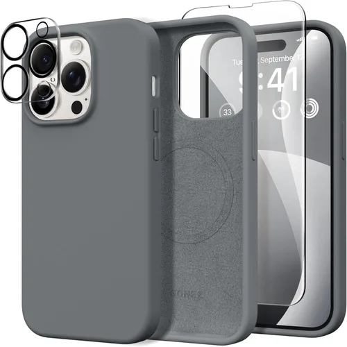 Miniatura 188 de GONEZ Funda de silicona para iPhone 14 Pro Max, compatible con MagSafe, con protector de pantalla + protector de lente de cámara, silicona líquida a