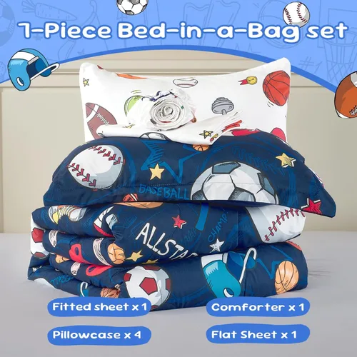 Miniatura 4 de Juego de edredón deportivo de 7 piezas para niños, suave y esponjoso, juego de ropa de cama de béisbol, tamaño individual con diseño de fútbol 3D