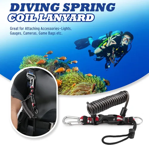 Miniatura 2 de Cordón de buceo, cordón en espiral de acero inoxidable resistente con hebilla de liberación rápida y correa de banda de bandera de buceo para Negro