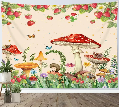 HVEST Tapiz retro rojo de hongos para colgar en la pared, diseño floral rosa con fresa y mariposa en beige, tapiz para dormitorio, flores, plantas