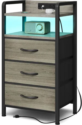 Miniatura 9 de Lazzanto Mesita de noche para dormitorio, mesita de noche con estación de carga y tira de luz LED, mesita de noche con estante de almacenamiento y 2