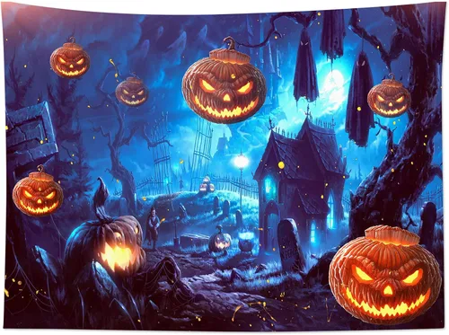 Miniatura 16 de HVEST Tapiz de noche de Halloween, tapiz para colgar en la pared, bosque embrujado con tumba y calabazas, manta de pared para dormitorio, sala