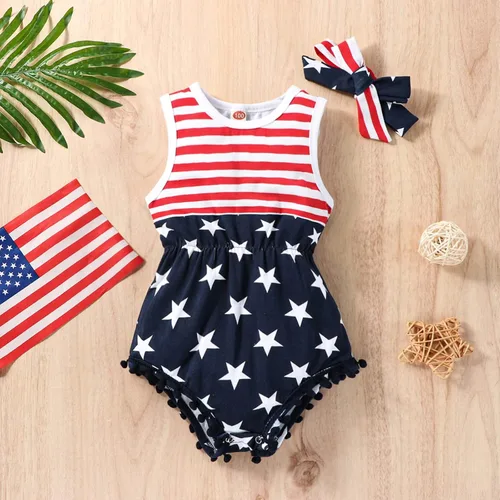 Miniatura 2 de LUZOZEZO Mameluco de borla con bandera americana para bebé niña pequeña con diadema