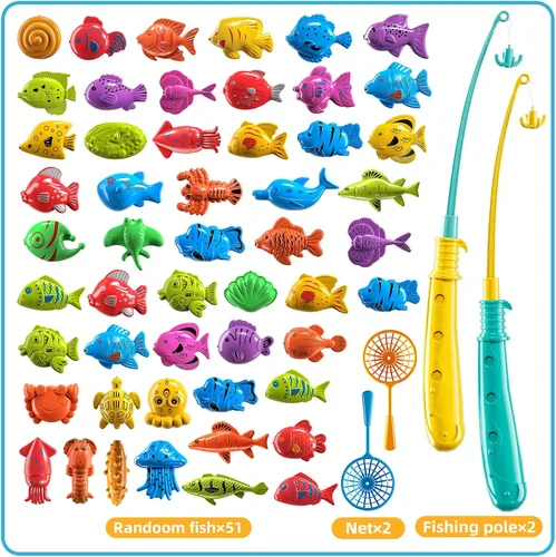 Miniatura 8 de TEMI - Juego de pesca para niños de 3, 4, 5, 6, 7, 8 años, juego de baño con 51 peces para niños pequeños, juguete con caña magnética y red