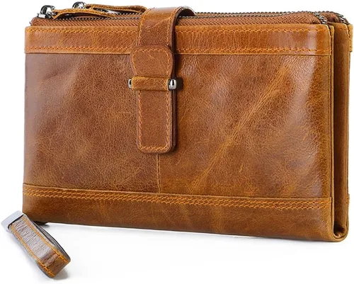 SUMGOGO Cartera de cuero plegable grande y larga para hombre, cartera de mano con bloqueo RFID, tarjetero para hombres y mujeres, Marrón, Clásico y