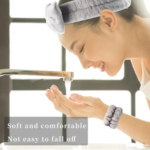 Miniatura 2 de SLNZAPTY Juego de 12 diademas y muñequeras para lavado facial para mujeres, envolturas de cabello de microfibra tipo spa para niñas, diademas y beige