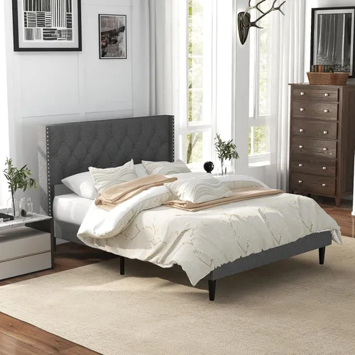 Miniatura 4 de Giantex Base de cama tapizada de tela de lino de tamaño matrimonial, marco de cama moderno con cabecera capitoné con botones, base de colchón