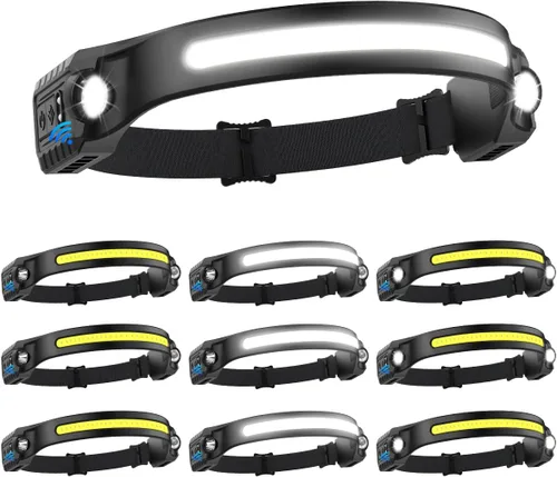 Linterna frontal recargable paquete de 10, lámpara de cabeza de haz ancho de 230° con 2 focos, linterna frontal LED con sensor de movimiento,