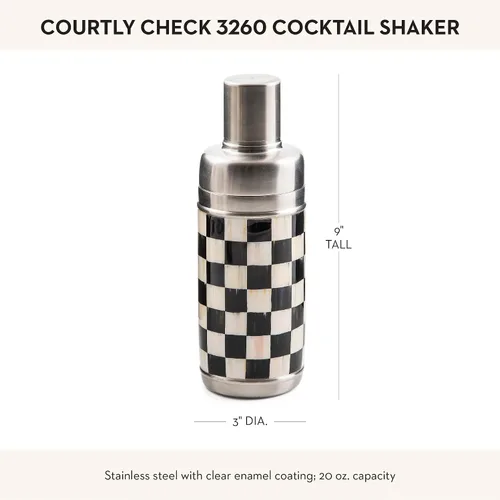 Miniatura 3 de MACKENZIE-CHILDS 3260 Coctelera de 20 onzas, coctelera de acero inoxidable con tapa, con diseño de cuadros Courtly en blanco y negro