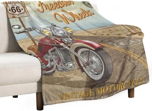 Miniatura 15 de Manta de motocicleta antigua, rústica y clásica, con temática de auto clásico, ruta de EE. UU., 66, patrón impreso, manta de franela súper suave